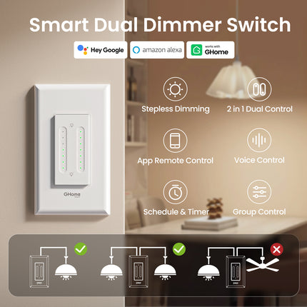 SW7 Smart Dual Dimmer Switch with Timer  Remote and Voice Control