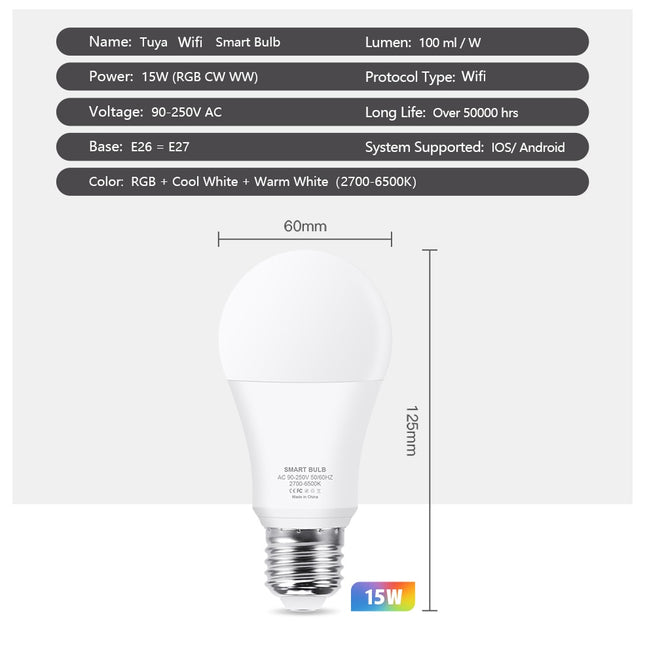 15W WiFi Smart Led Light Bulb E27 110-220V