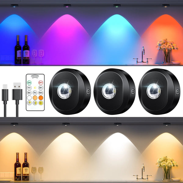 3-Pack Rechargeable Puck Lights with Remote & Timer
